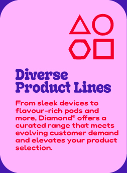 DIVERSE PRODUCT LINES From sleek devices to flavour-rich pods and more, Diamond® offers a curated range that meets evolving customer demand and elevates your product selection.